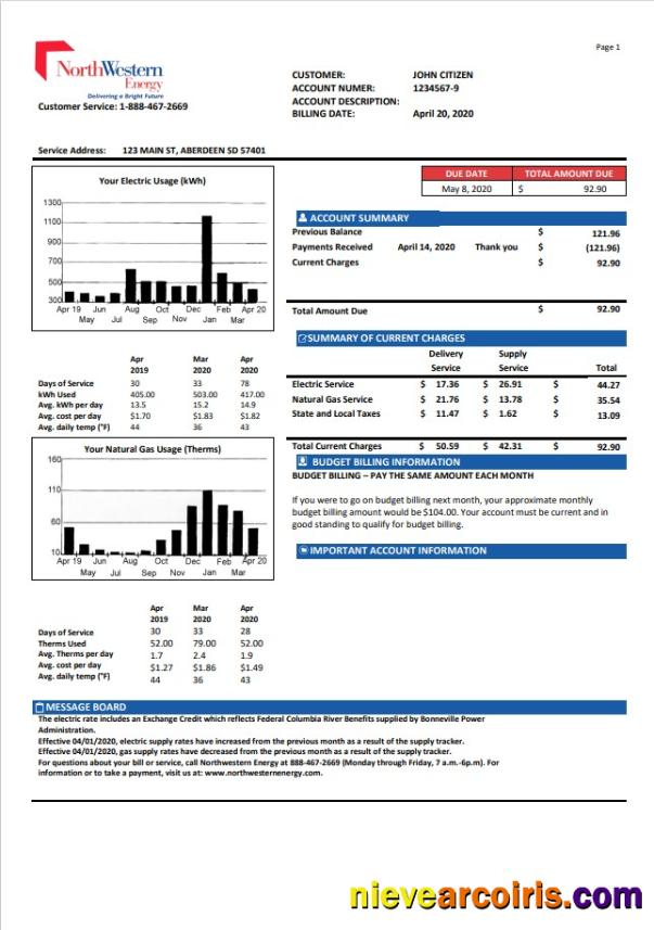 USA NorthWestern Energy utility bill version 1